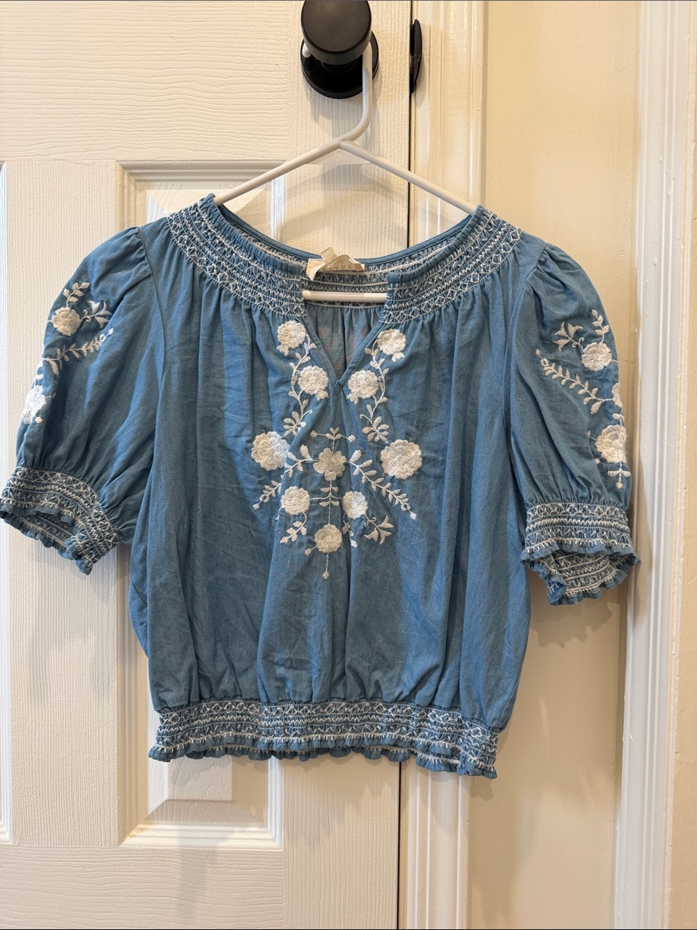 Sezane Blue Embroidered Peasant Blouse